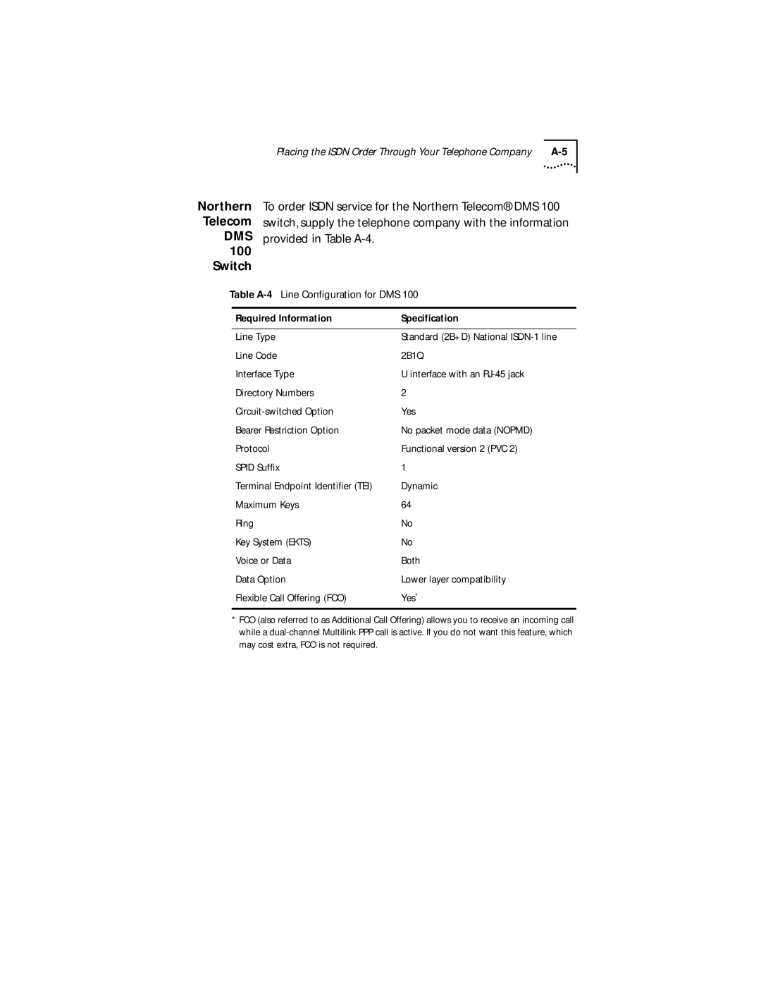 3Com 3C882 manual Provided in Table A-4, To order Isdn service for the Northern Telecom DMS, Dynamic 