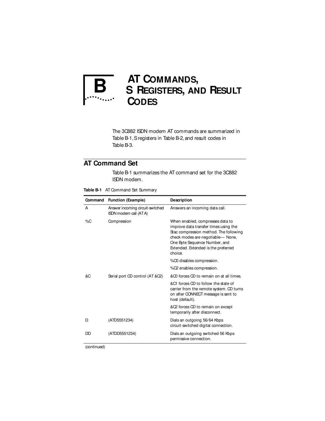 3Com 3C882 manual AT Commands REGISTERS, and Result Codes, AT Command Set 