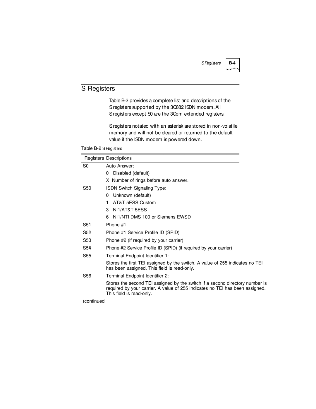 3Com 3C882 manual Registers except S0 are the 3Com extended registers 