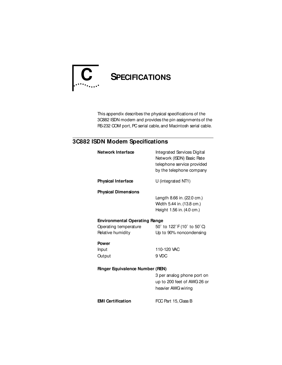 3Com manual Specifications, 3C882 Isdn Modem Speciﬁcations 