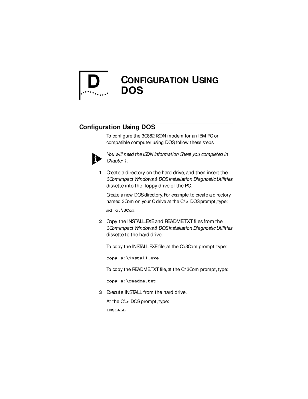 3Com 3C882 manual Configuration Using, Conﬁguration Using DOS, To copy the README.TXT ﬁle, at the C\3Com prompt, type 