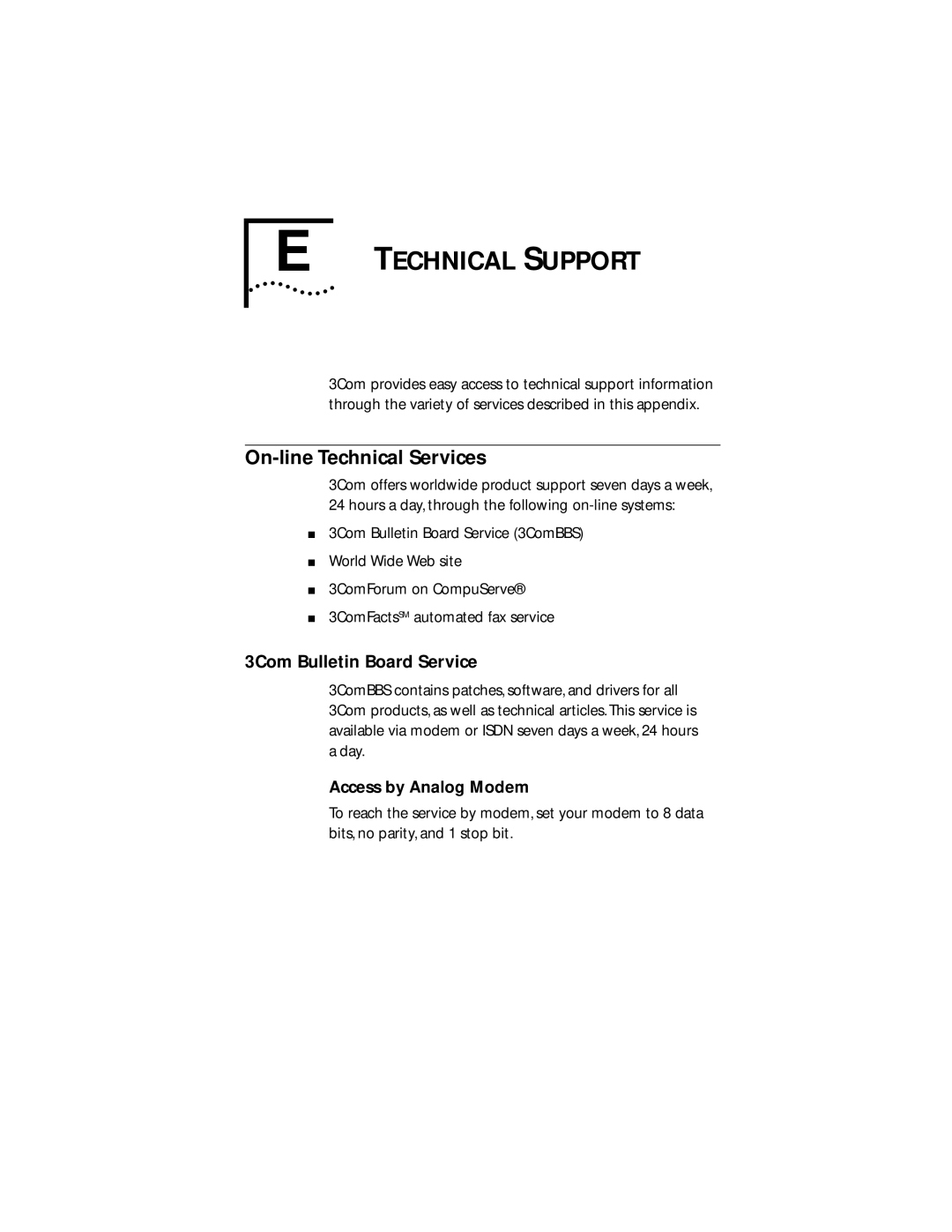 3Com 3C882 manual Technical Support, On-line Technical Services, 3Com Bulletin Board Service 