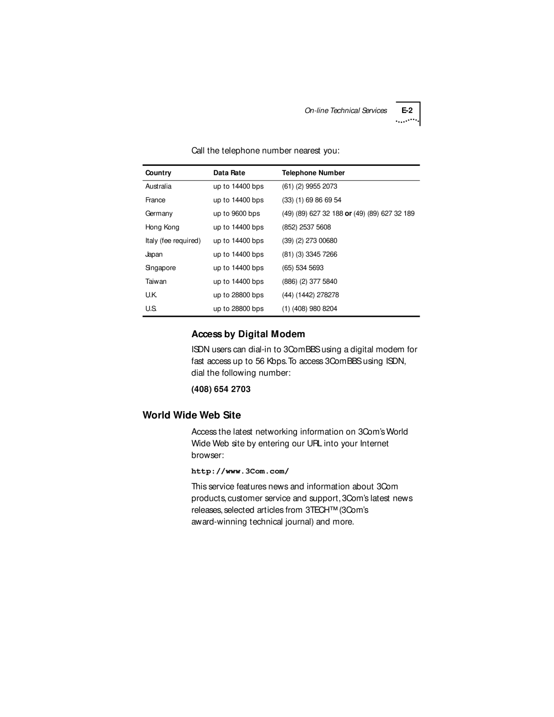 3Com 3C882 manual World Wide Web Site, Call the telephone number nearest you 