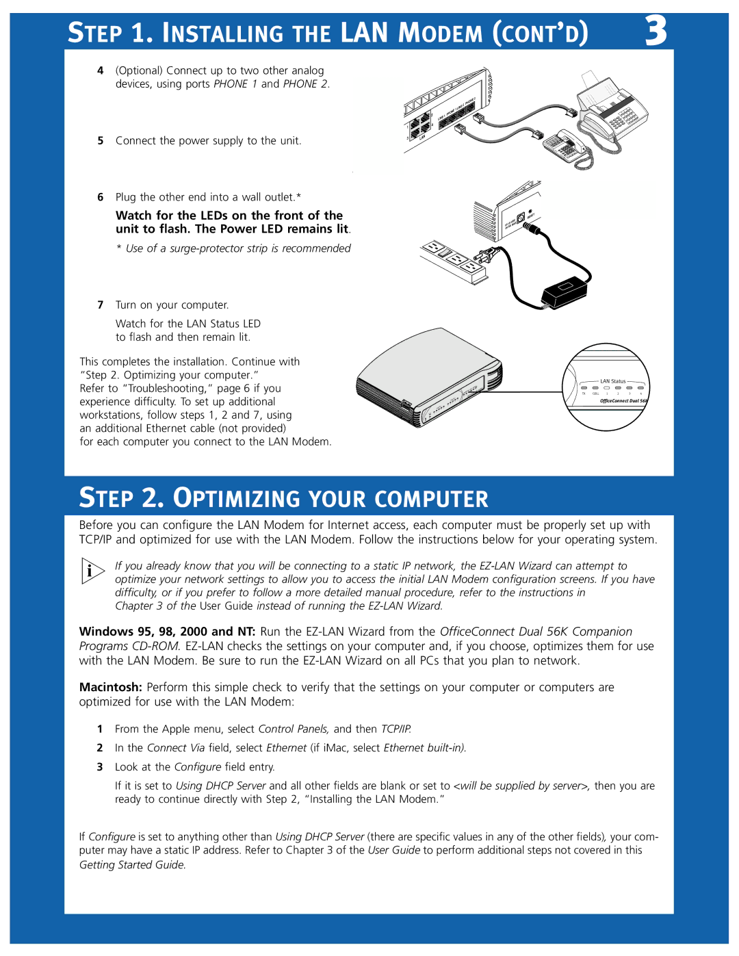 3Com 3C888 manual Optimizing Your Computer, Installing the LAN Modem CONT’D, Watch for the LEDs on the front 