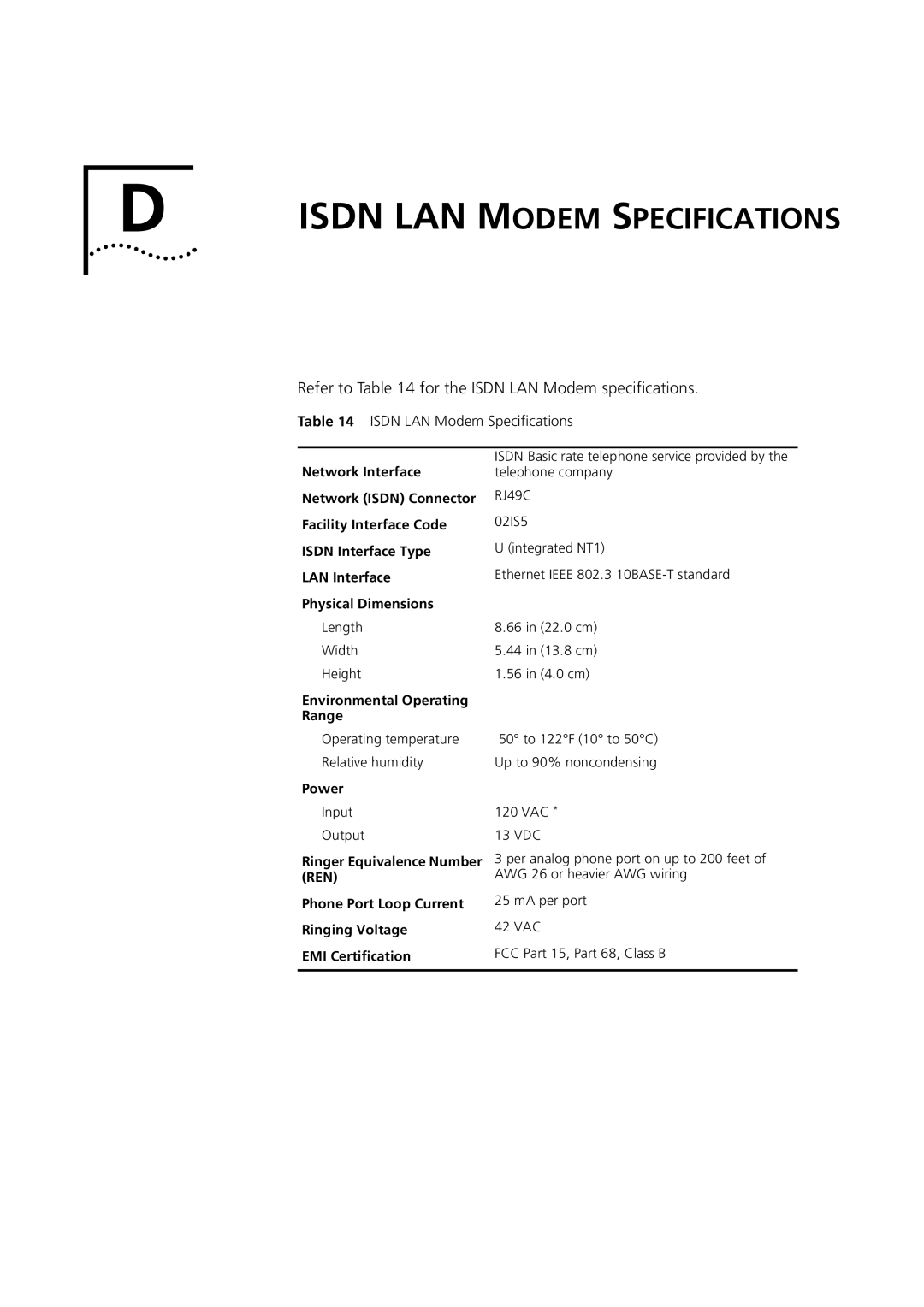 3Com 3C892 manual Refer to for the Isdn LAN Modem specifications, Environmental Operating Range, Power 