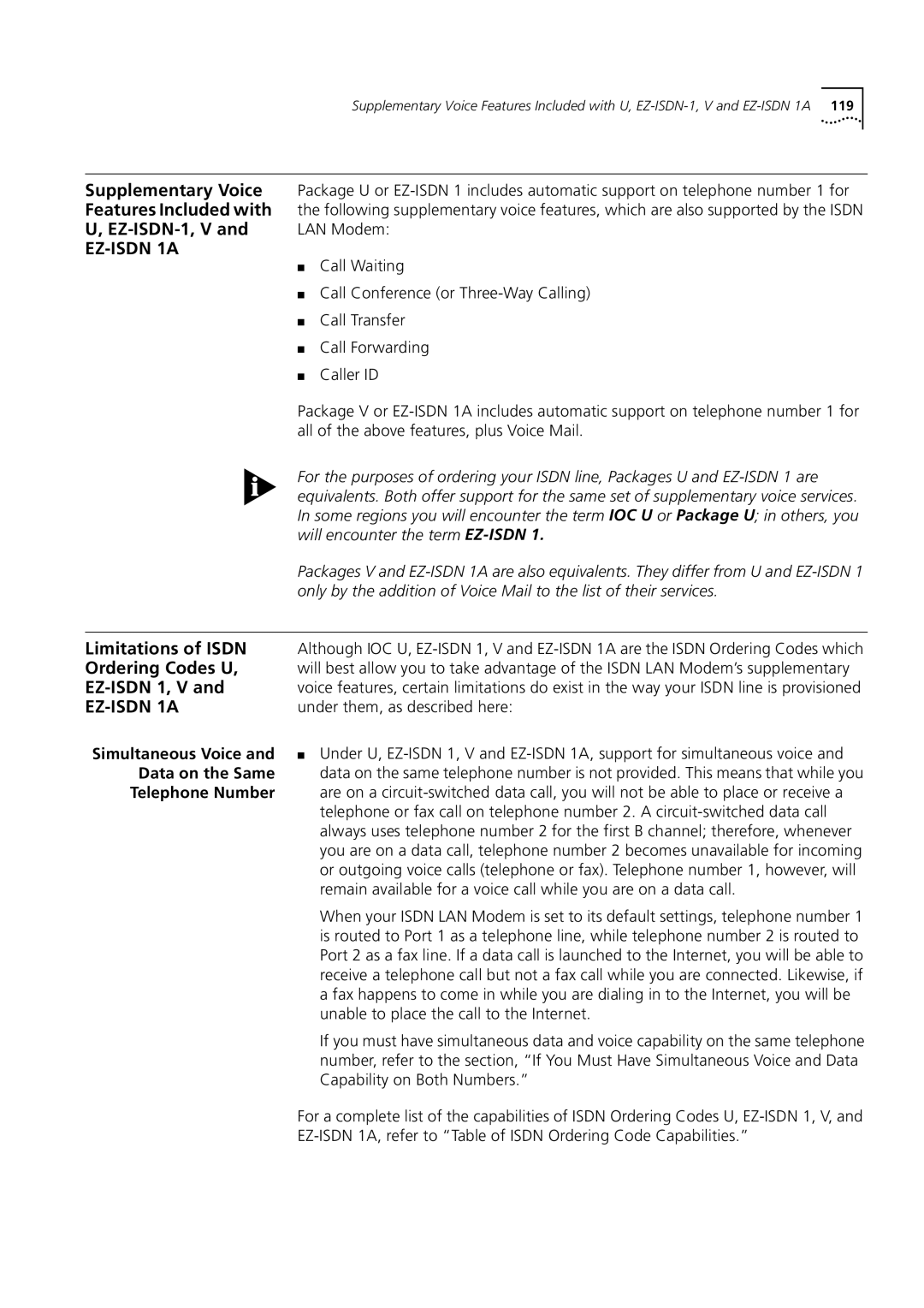 3Com 3C892 manual Limitations of Isdn Ordering Codes U EZ-ISDN 1, V, Simultaneous Voice Data on the Same Telephone Number 