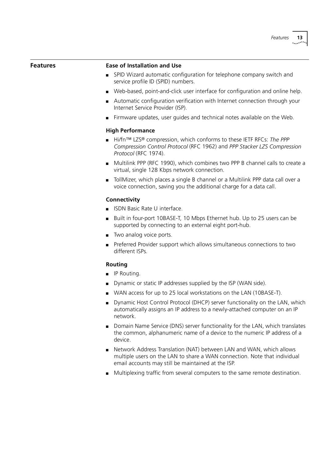 3Com 3C892 manual Features, Ease of Installation and Use, High Performance, Connectivity, Routing 