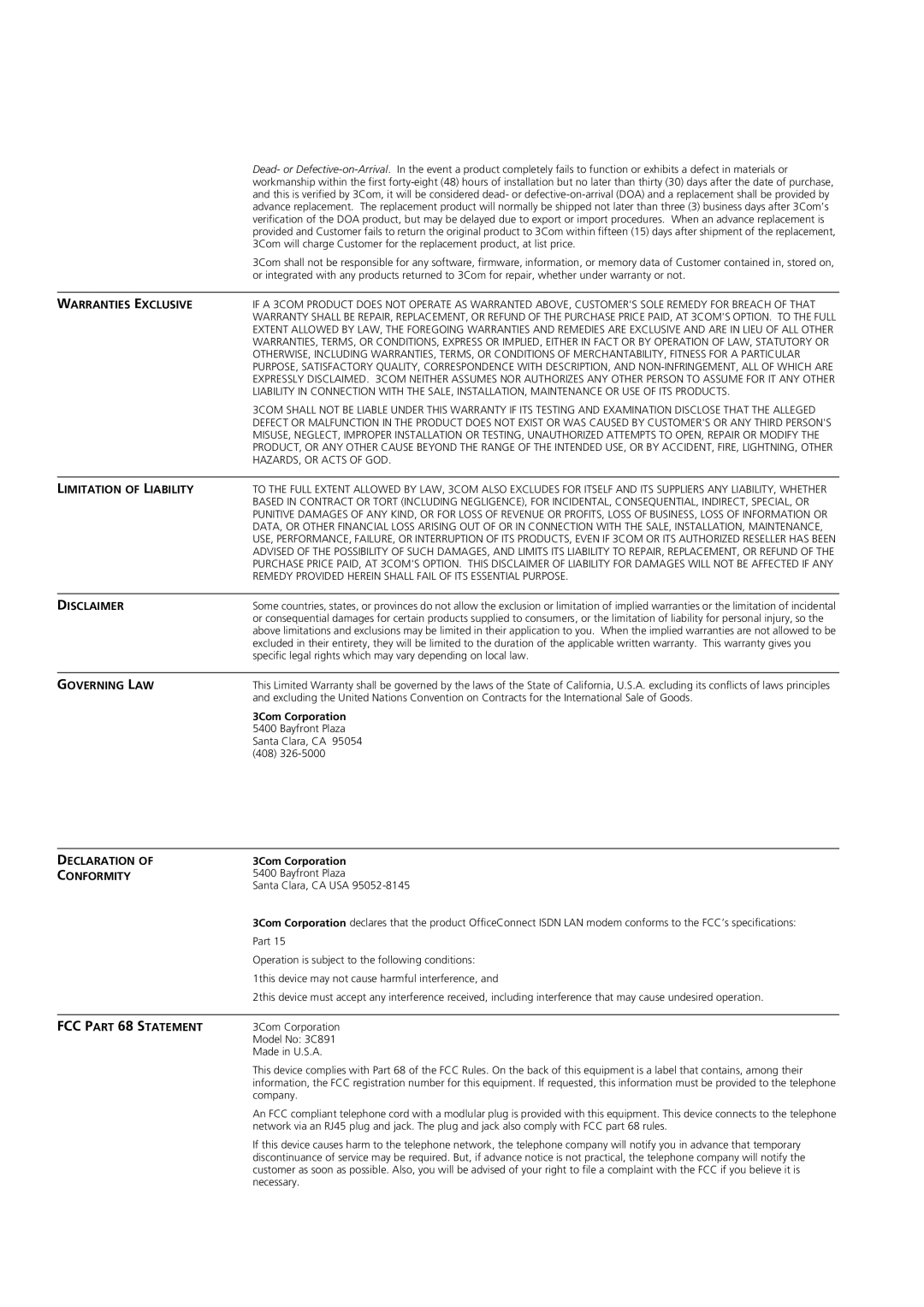 3Com 3C892 manual Declaration 