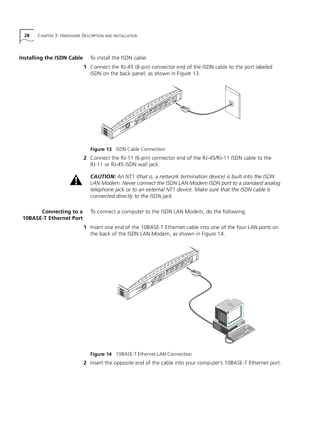 3Com 3C892 manual Installing the Isdn Cable To install the Isdn cable, 10BASE-T Ethernet Port 