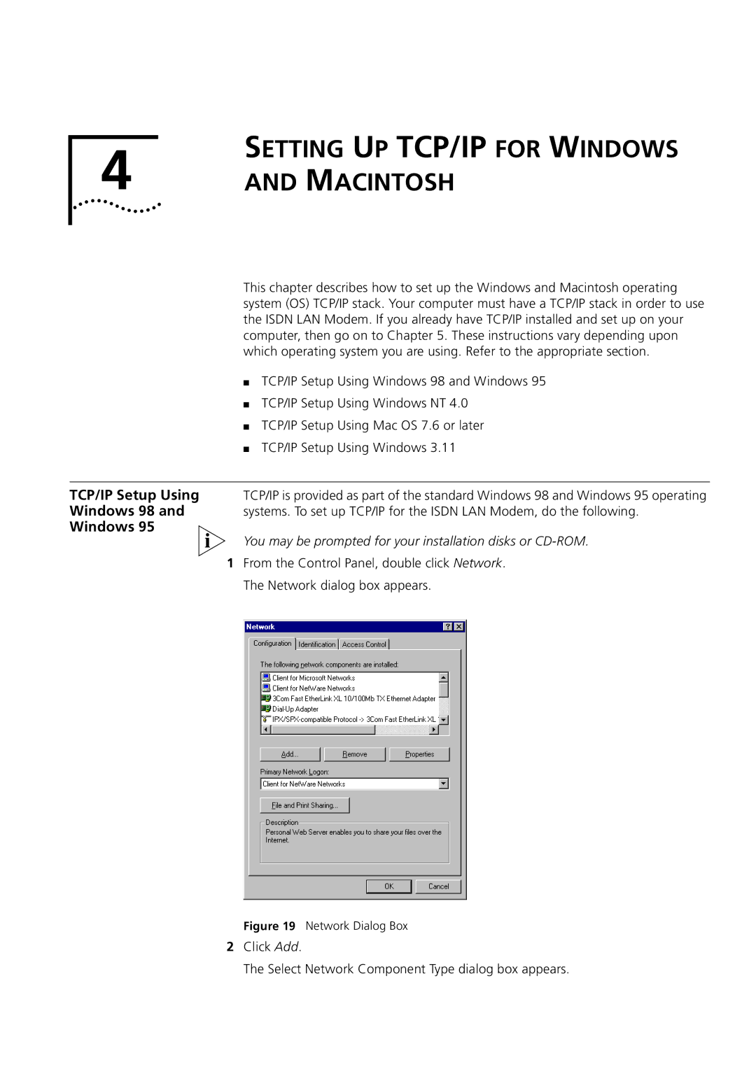 3Com 3C892 manual Setting UP TCP/IP for Windows Macintosh, TCP/IP Setup Using, Windows 98 