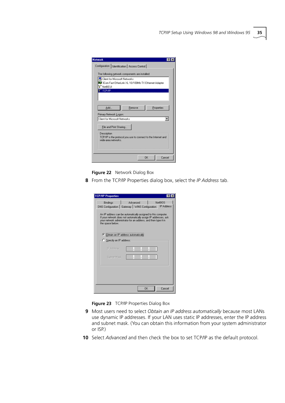 3Com 3C892 manual TCP/IP Setup Using Windows 98 and Windows 95 