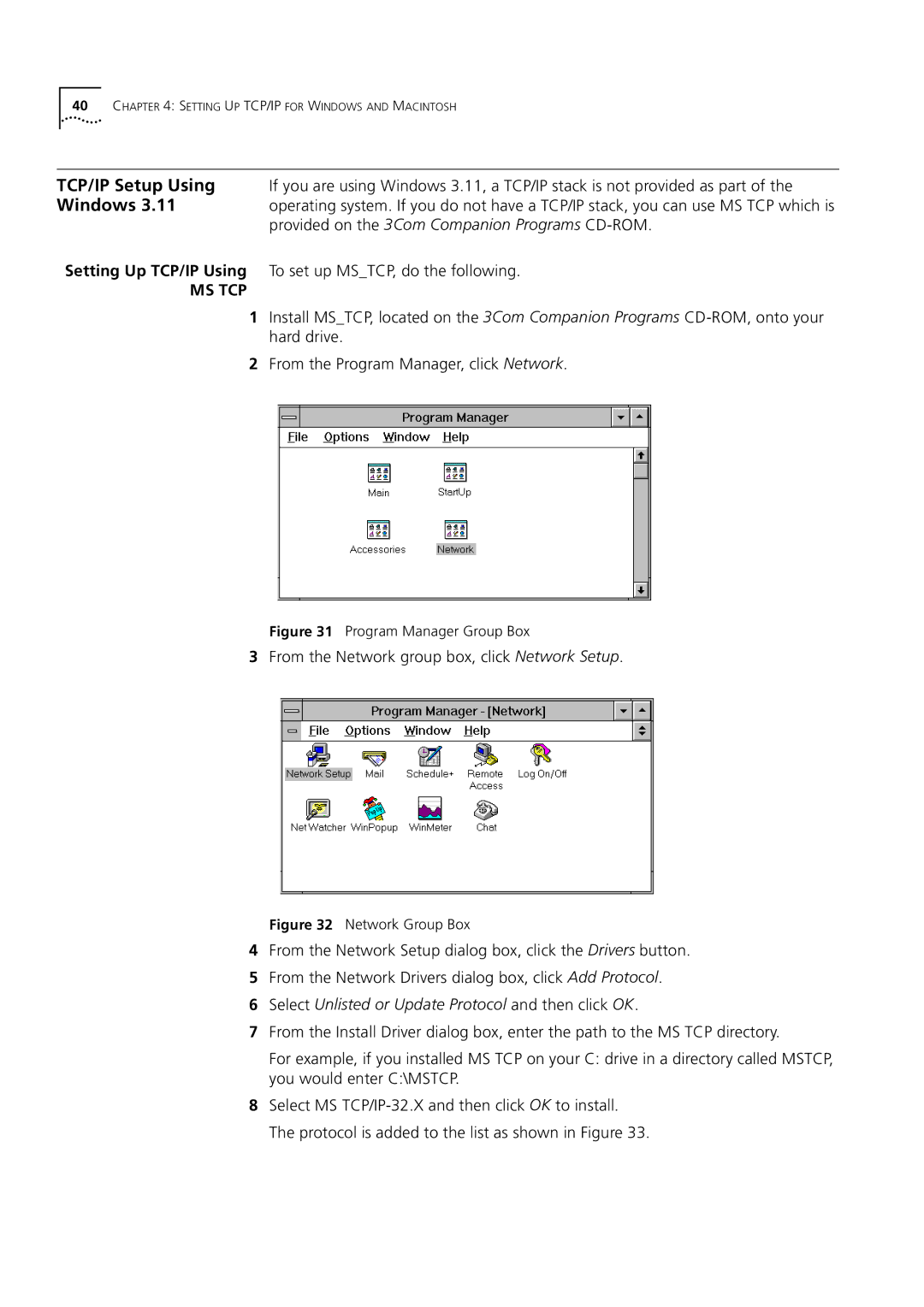 3Com 3C892 manual From the Network group box, click Network Setup, Select Unlisted or Update Protocol and then click OK 