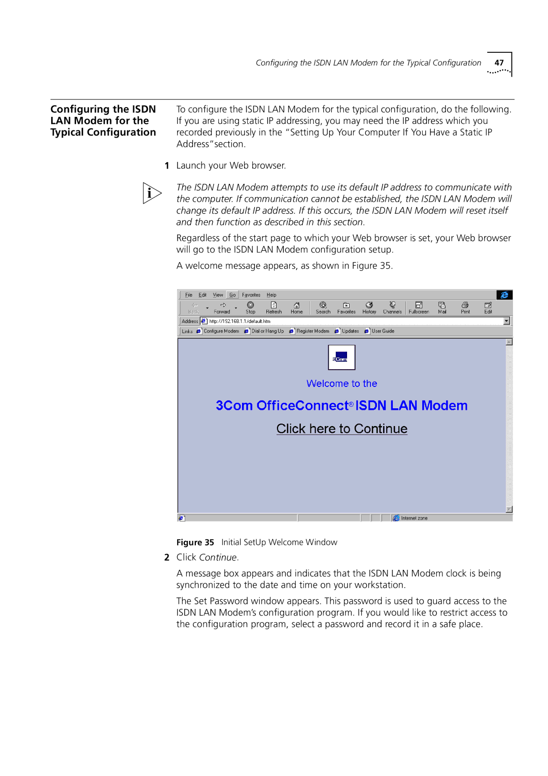 3Com 3C892 manual Configuring the Isdn LAN Modem for the Typical Configuration, Click Continue 