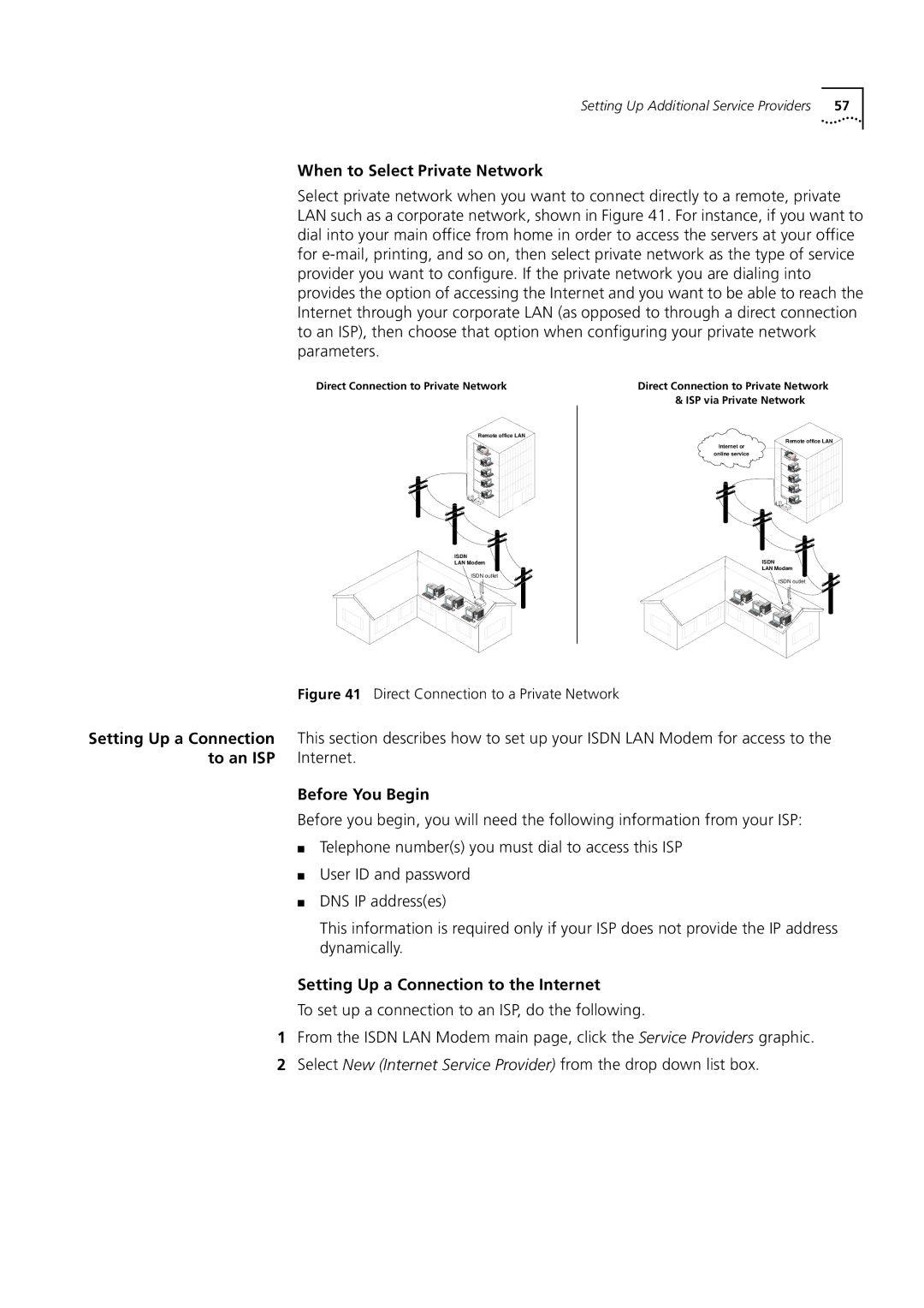 3Com 3C892 manual When to Select Private Network, To an ISP, Setting Up a Connection to the Internet 