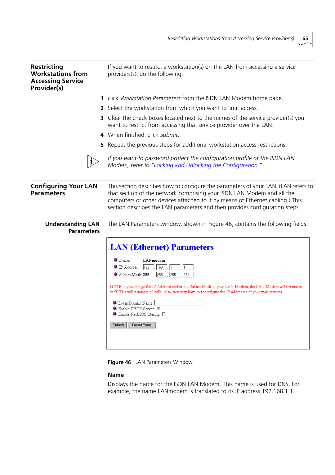 3Com 3C892 manual Restricting, Workstations from, Accessing Service Providers, Configuring Your LAN, Parameters 