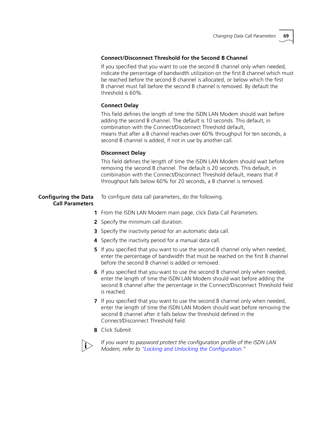 3Com 3C892 manual Connect/Disconnect Threshold for the Second B Channel, Connect Delay, Disconnect Delay, Call Parameters 