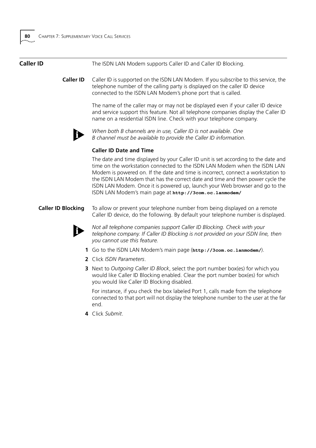 3Com 3C892 manual Caller ID Date and Time, Go to the Isdn LAN Modem’s main page http//3com.oc.lanmodem 