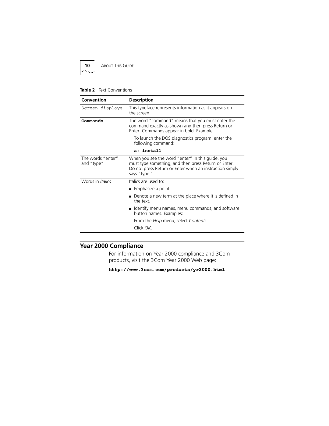 3Com 3C905C-TX-M, 3C905C-TX manual Year 2000 Compliance, Convention Description 