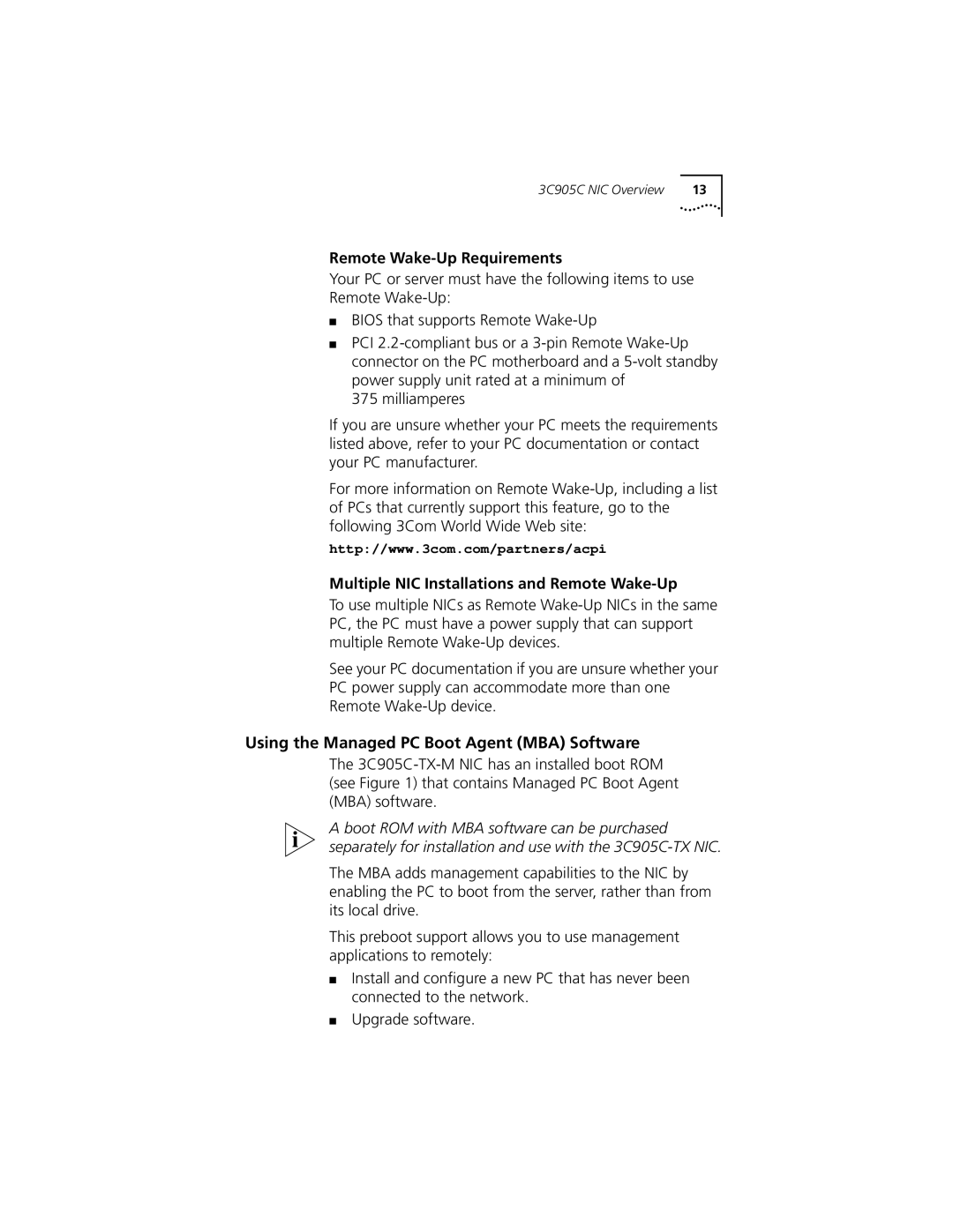 3Com 3C905C-TX-M, 3C905C-TX manual Using the Managed PC Boot Agent MBA Software, Remote Wake-Up Requirements 