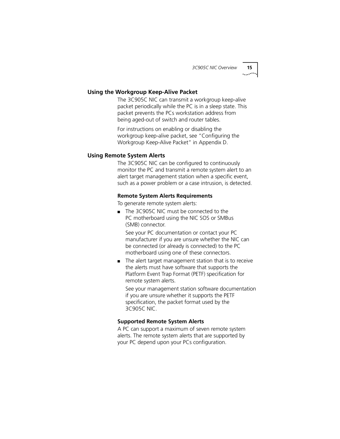 3Com 3C905C-TX-M, 3C905C-TX manual Using the Workgroup Keep-Alive Packet, Using Remote System Alerts 