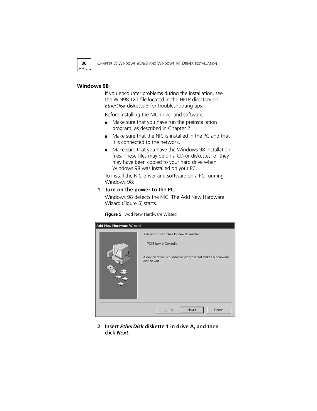 3Com 3C905C-TX manual Turn on the power to the PC, Insert EtherDisk diskette 1 in drive A, and then click Next 