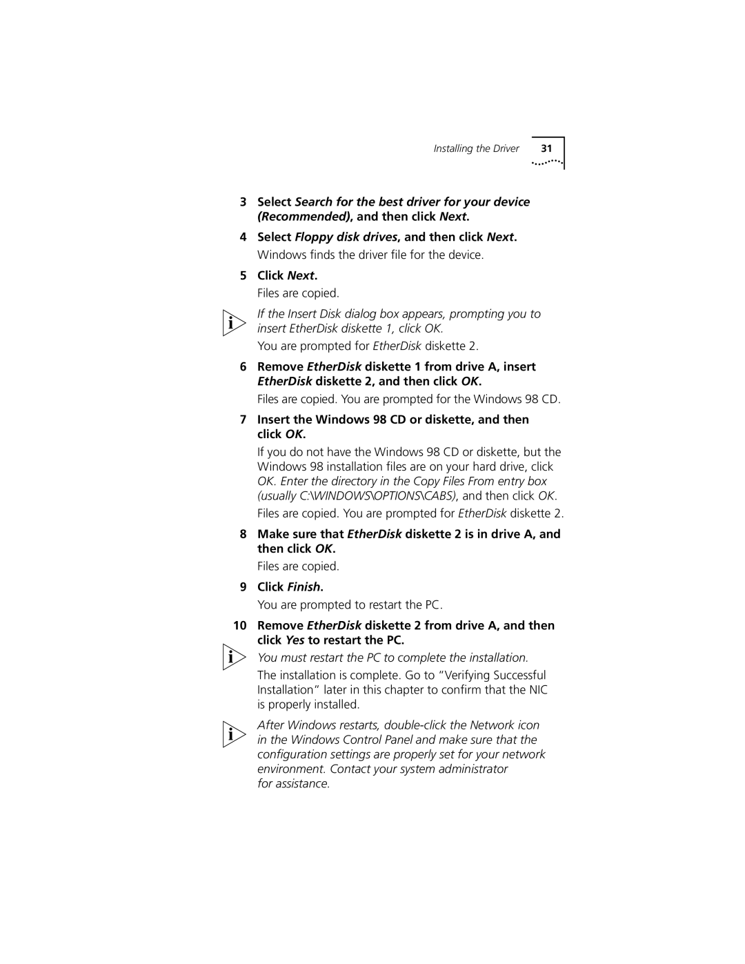 3Com 3C905C-TX-M, 3C905C-TX manual Insert the Windows 98 CD or diskette, and then click OK, Click Finish 