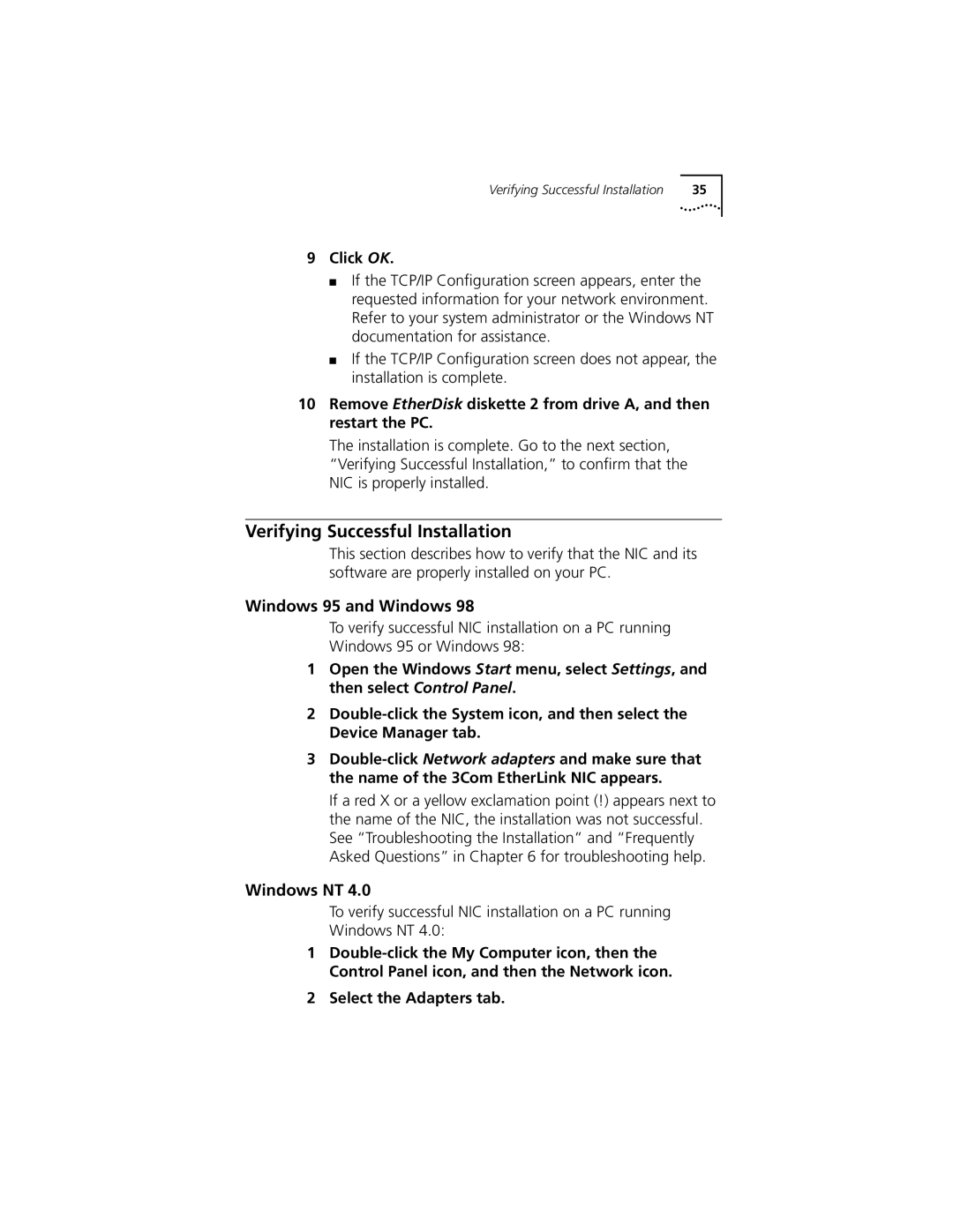 3Com 3C905C-TX-M, 3C905C-TX manual Verifying Successful Installation, Windows 95 and Windows, Click OK 