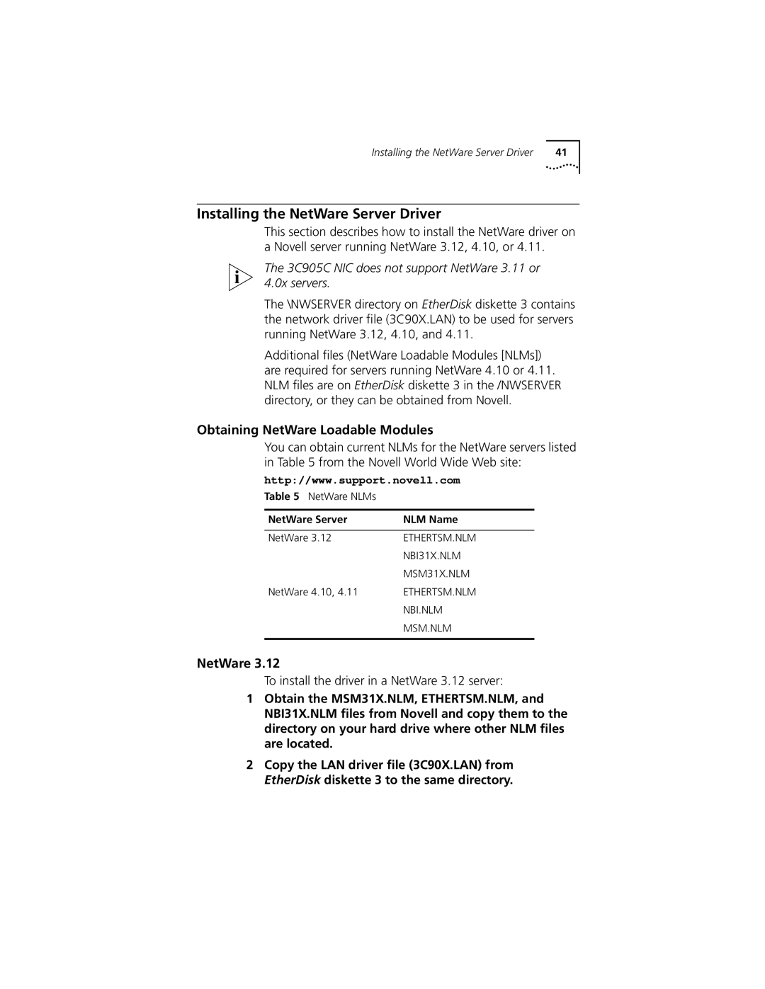 3Com 3C905C-TX-M, 3C905C-TX manual Installing the NetWare Server Driver, Obtaining NetWare Loadable Modules 