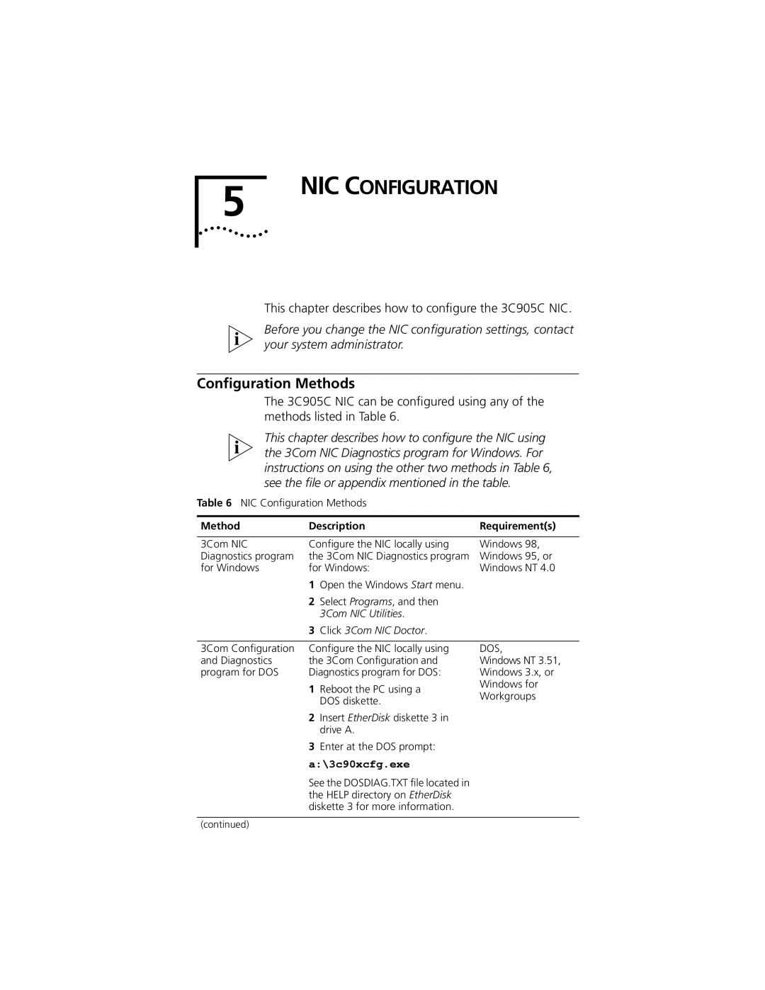 3Com 3C905C-TX-M, 3C905C-TX manual Conﬁguration Methods, Method Description Requirements 