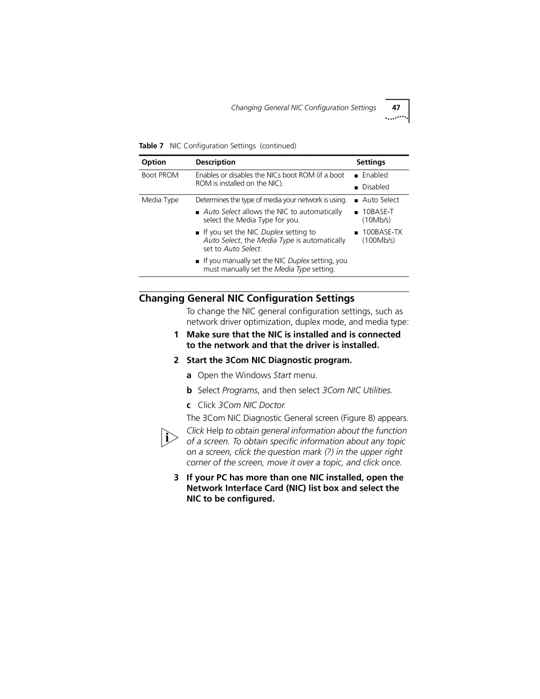 3Com 3C905C-TX-M, 3C905C-TX manual Changing General NIC Conﬁguration Settings, Option Description Settings 