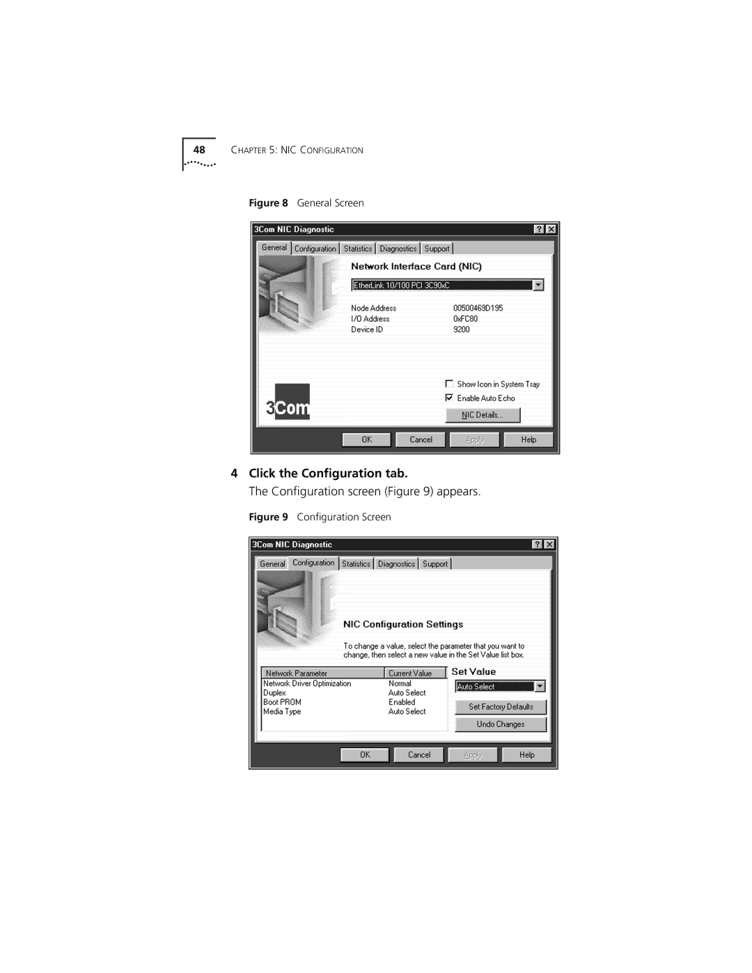 3Com 3C905C-TX-M, 3C905C-TX manual Click the Conﬁguration tab, General Screen 