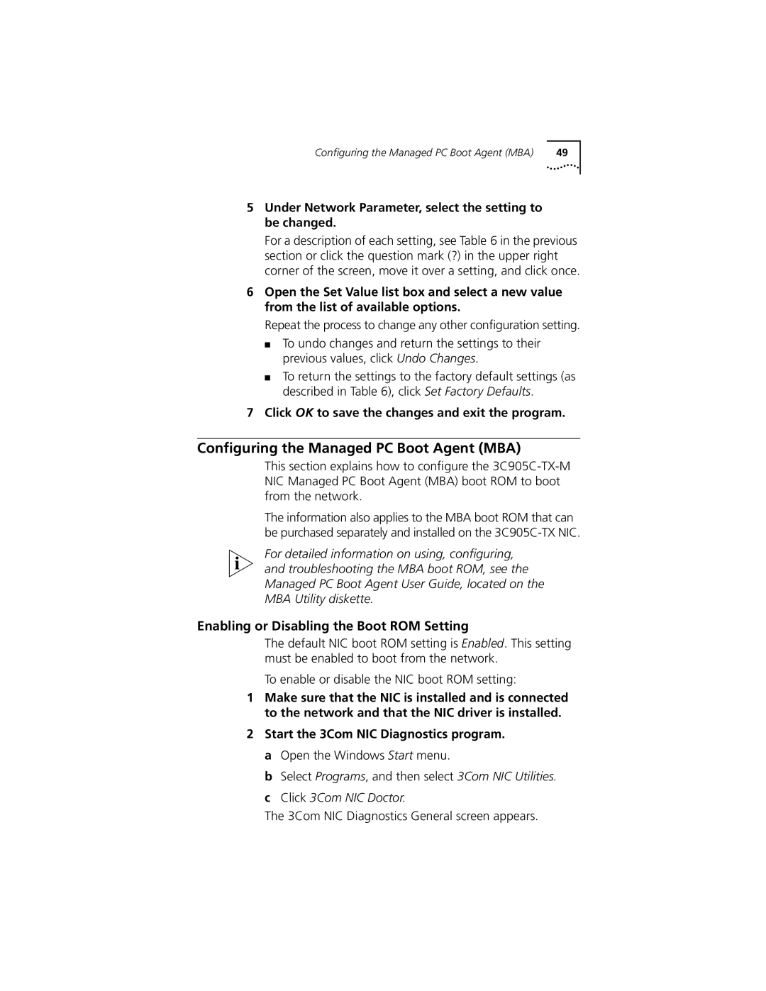 3Com 3C905C-TX-M, 3C905C-TX manual Conﬁguring the Managed PC Boot Agent MBA, Enabling or Disabling the Boot ROM Setting 