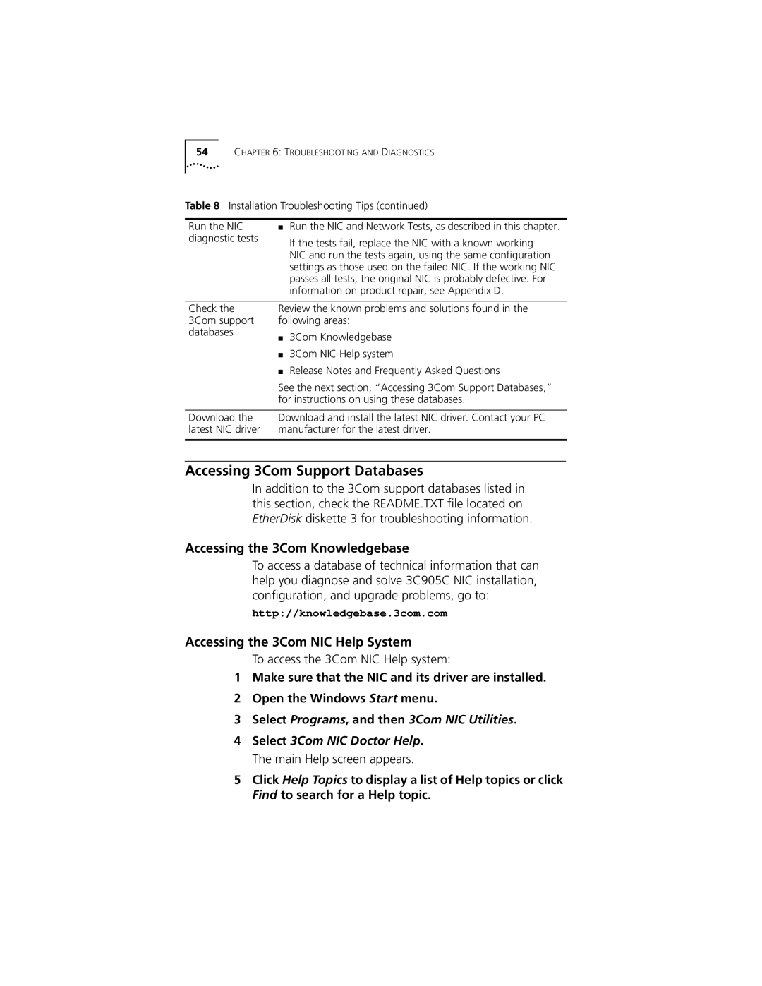 3Com 3C905C-TX Accessing 3Com Support Databases, Accessing the 3Com Knowledgebase, Accessing the 3Com NIC Help System 