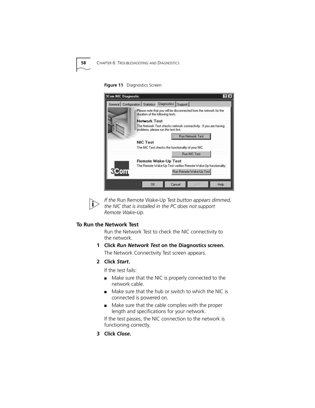 3Com 3C905C-TX-M, 3C905C-TX manual To Run the Network Test, Diagnostics Screen 