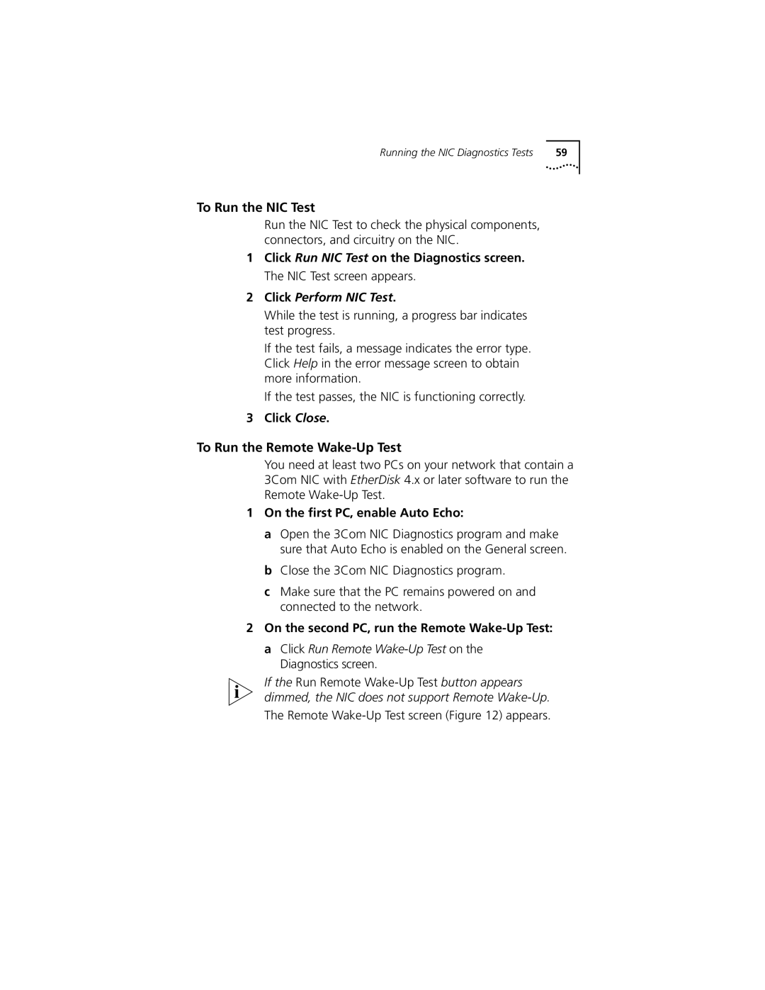 3Com 3C905C-TX-M, 3C905C-TX manual To Run the NIC Test, To Run the Remote Wake-Up Test, On the ﬁrst PC, enable Auto Echo 