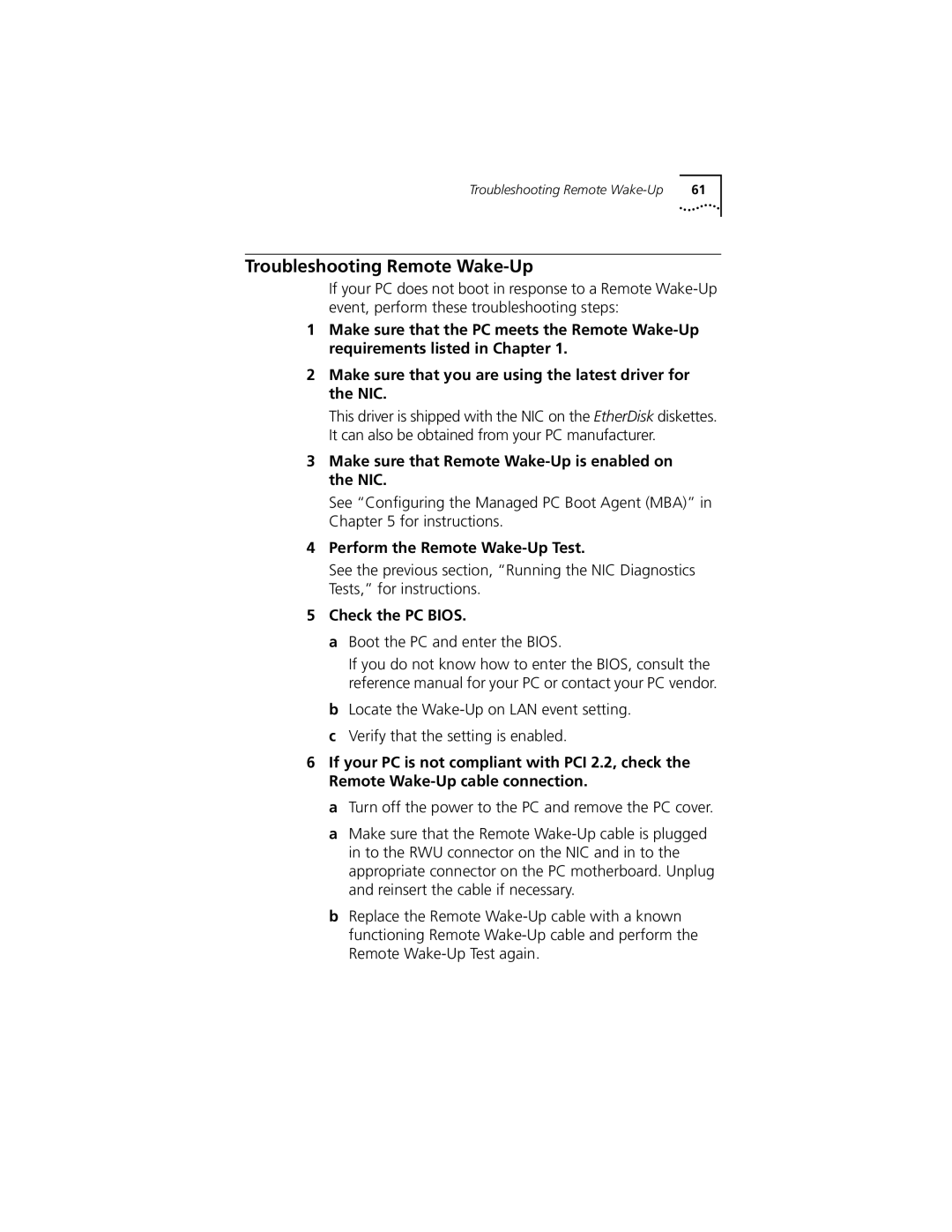 3Com 3C905C-TX-M, 3C905C-TX manual Troubleshooting Remote Wake-Up, Make sure that Remote Wake-Up is enabled on the NIC 