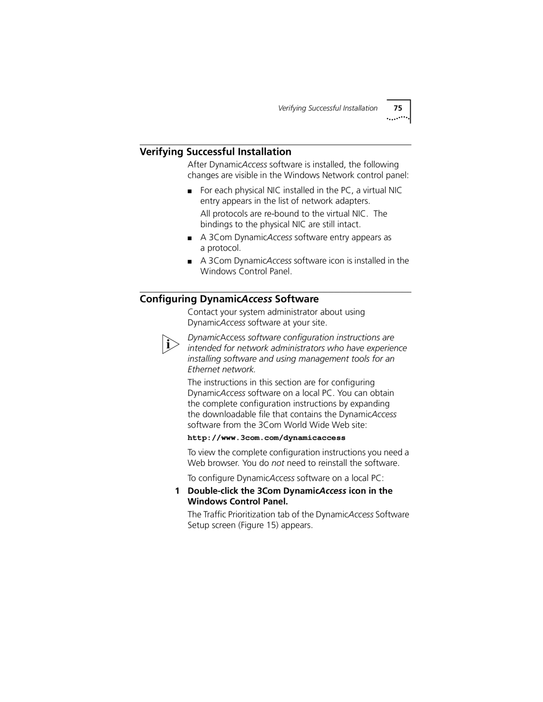3Com 3C905C-TX-M, 3C905C-TX manual Verifying Successful Installation, Conﬁguring DynamicAccess Software 