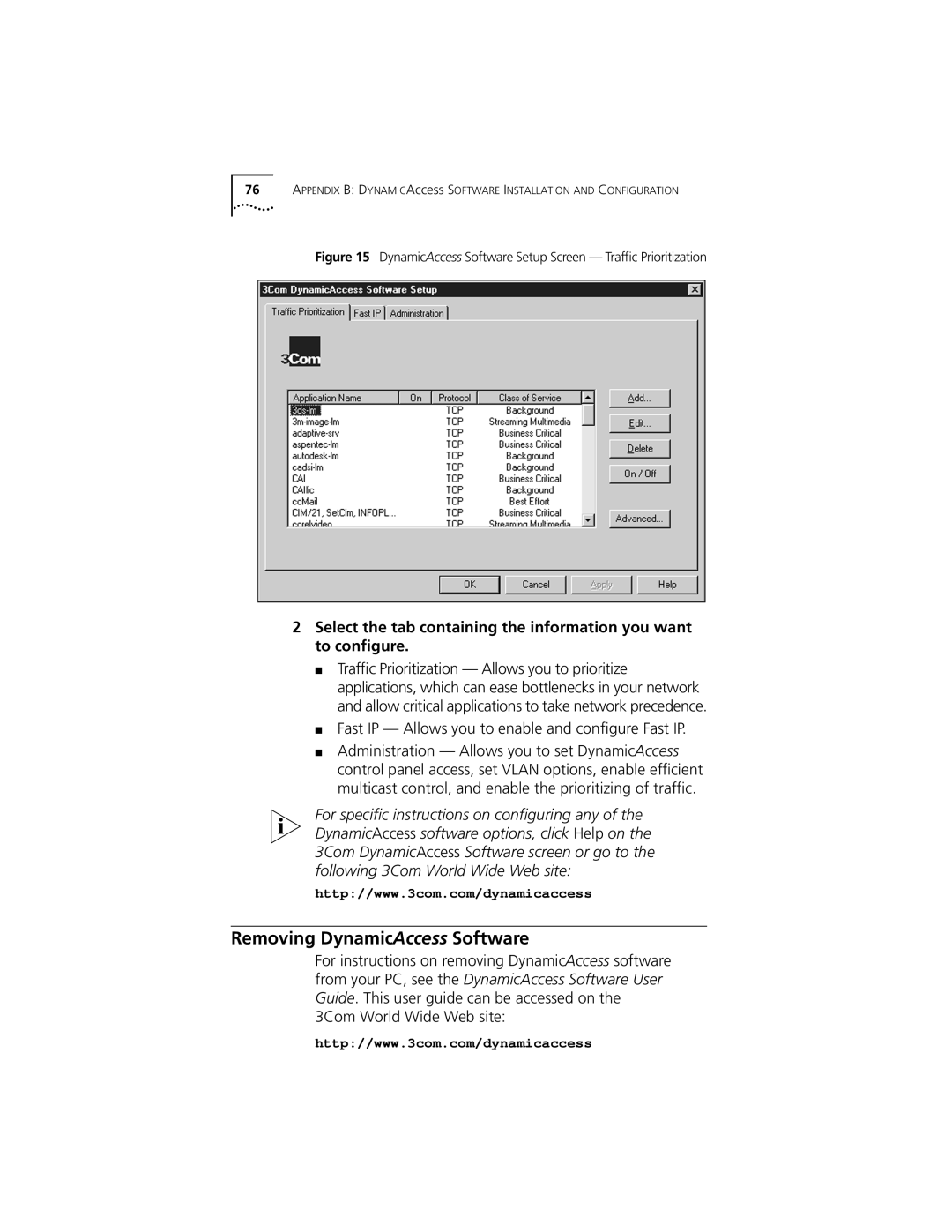 3Com 3C905C-TX-M, 3C905C-TX manual Removing DynamicAccess Software, Fast IP Allows you to enable and conﬁgure Fast IP 