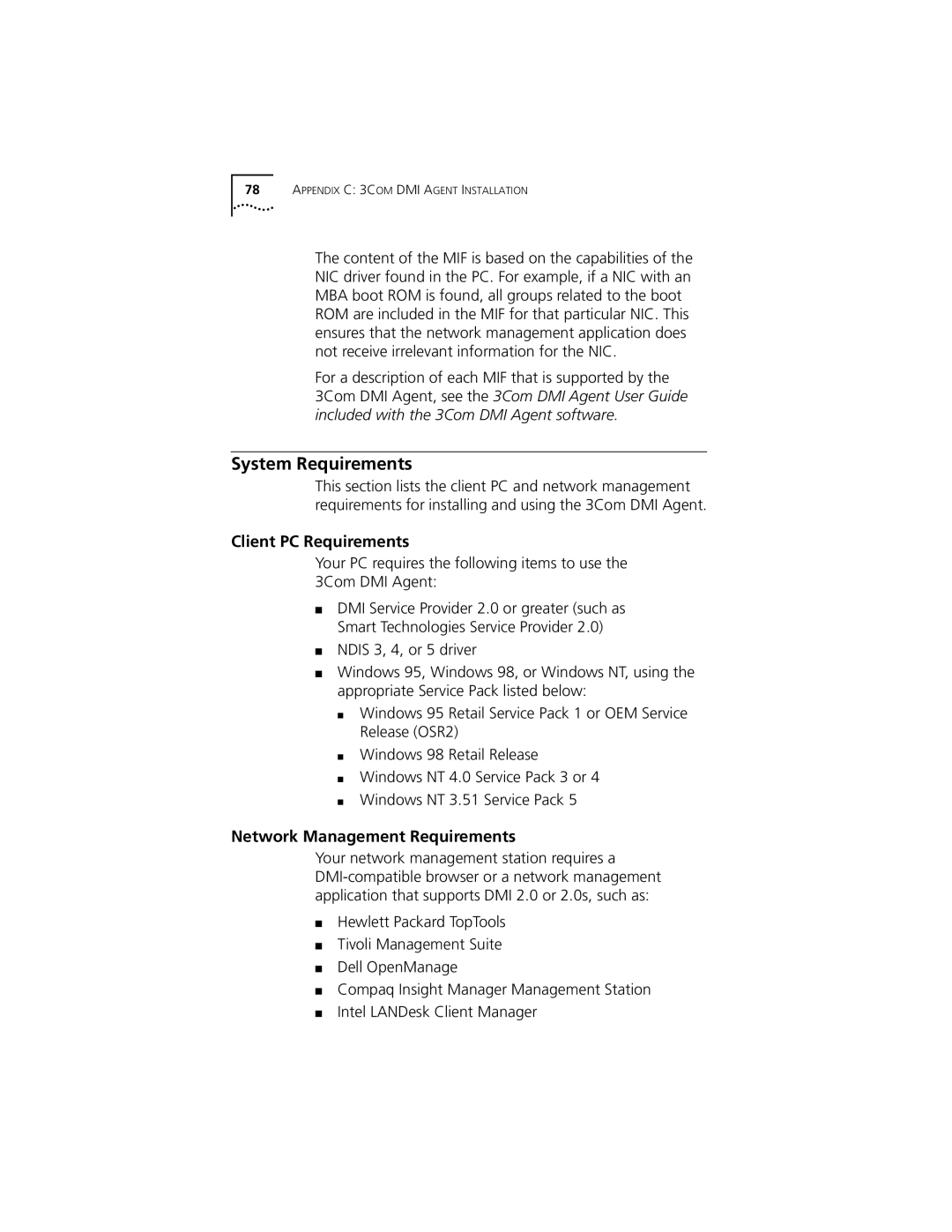 3Com 3C905C-TX-M, 3C905C-TX manual System Requirements, Client PC Requirements, Network Management Requirements 