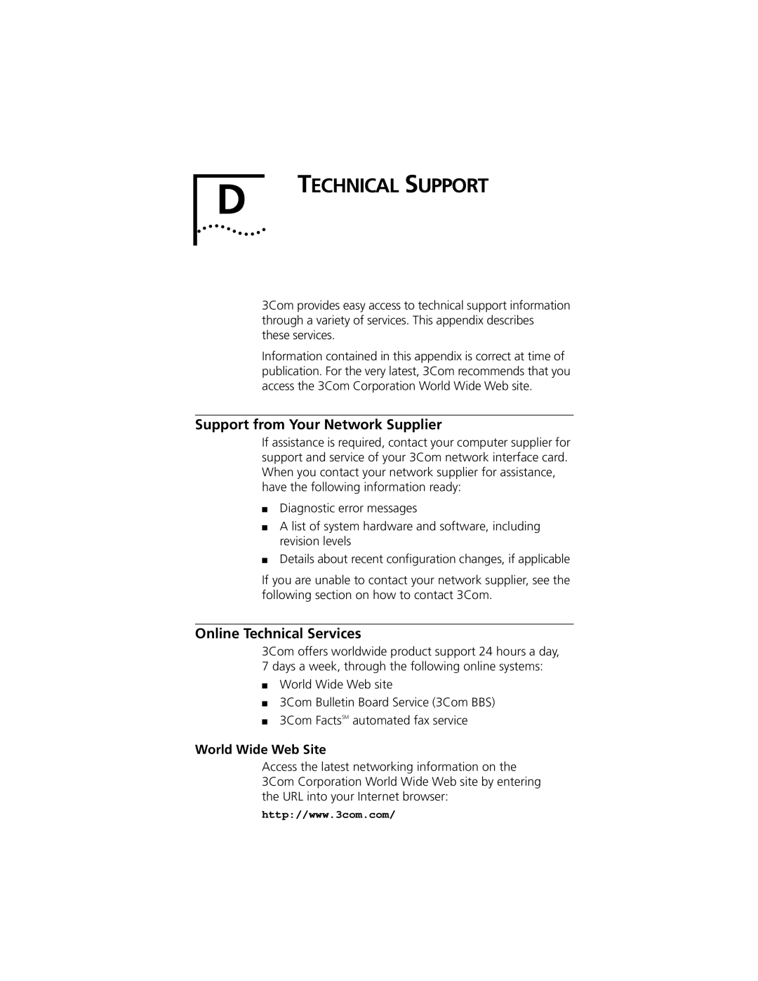 3Com 3C905C-TX-M, 3C905C-TX manual Support from Your Network Supplier, Online Technical Services, World Wide Web Site 