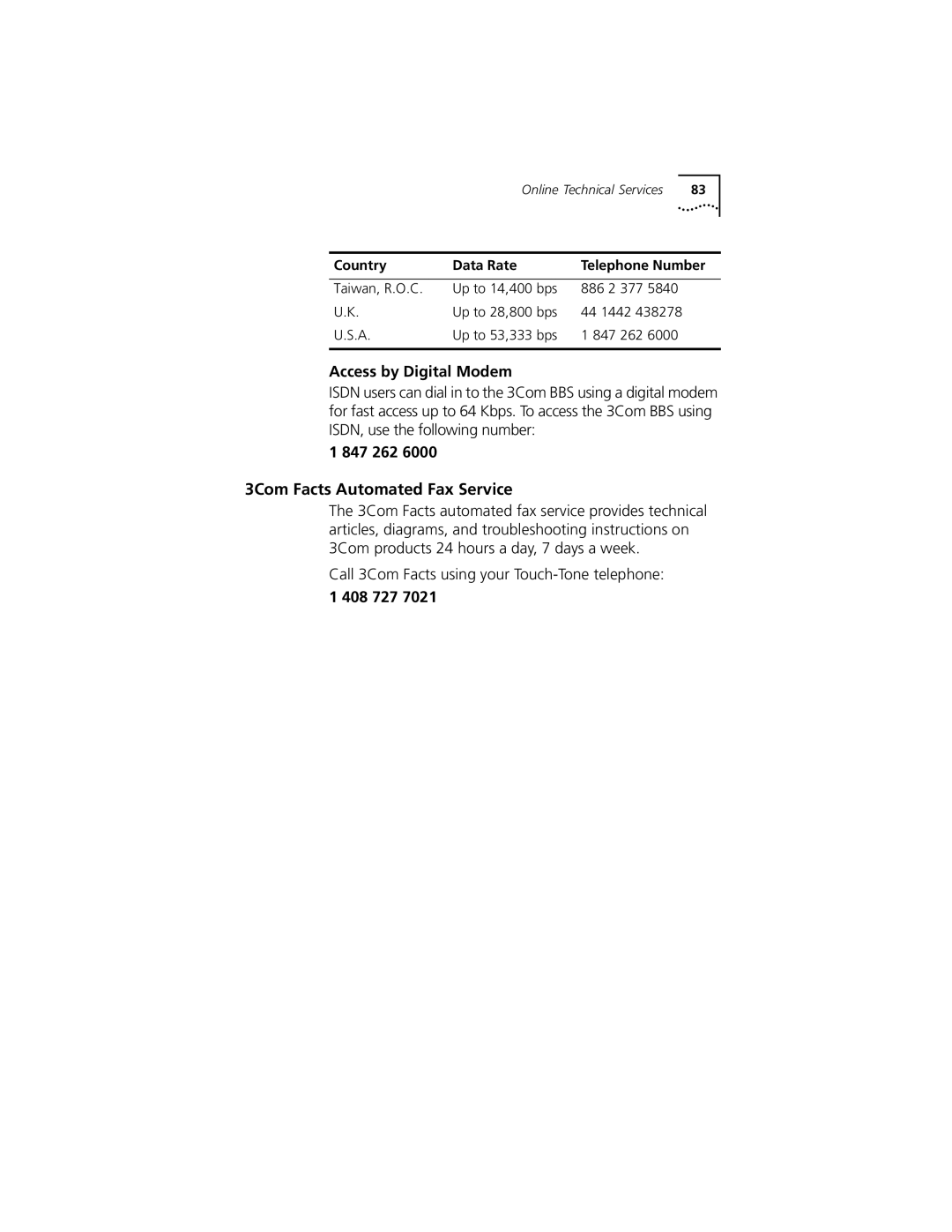 3Com 3C905C-TX-M, 3C905C-TX manual 3Com Facts Automated Fax Service, Access by Digital Modem, 847 262, 408 727 