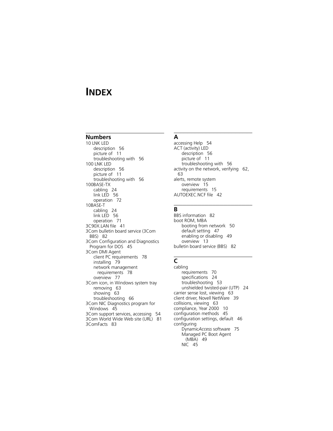 3Com 3C905C-TX-M, 3C905C-TX manual Index, Numbers 