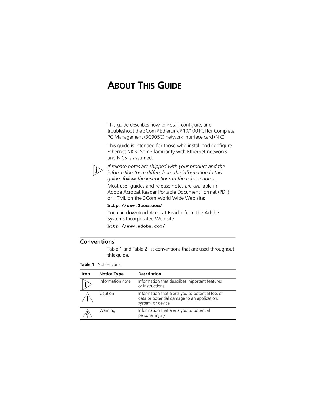 3Com 3C905C-TX-M, 3C905C-TX manual About this Guide, Conventions, Icon Description 