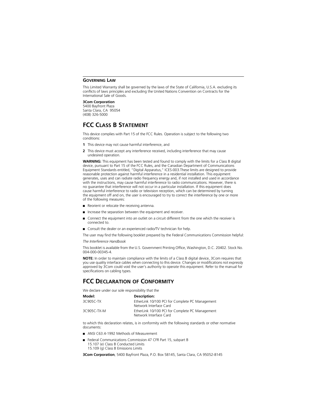 3Com 3C905C-TX-M, 3C905C-TX manual FCC Class B Statement 