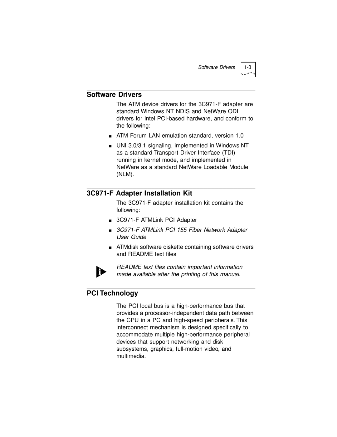 3Com manual Software Drivers, 3C971-F Adapter Installation Kit, PCI Technology 