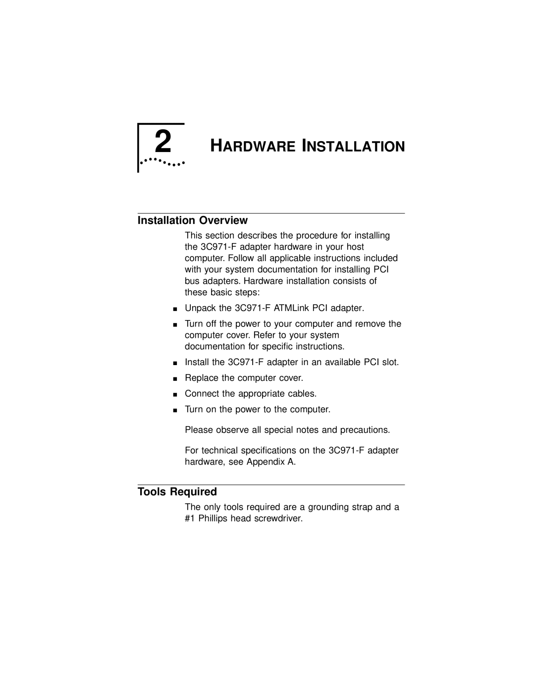 3Com 3C971-F manual Hardware Installation, Installation Overview, Tools Required 