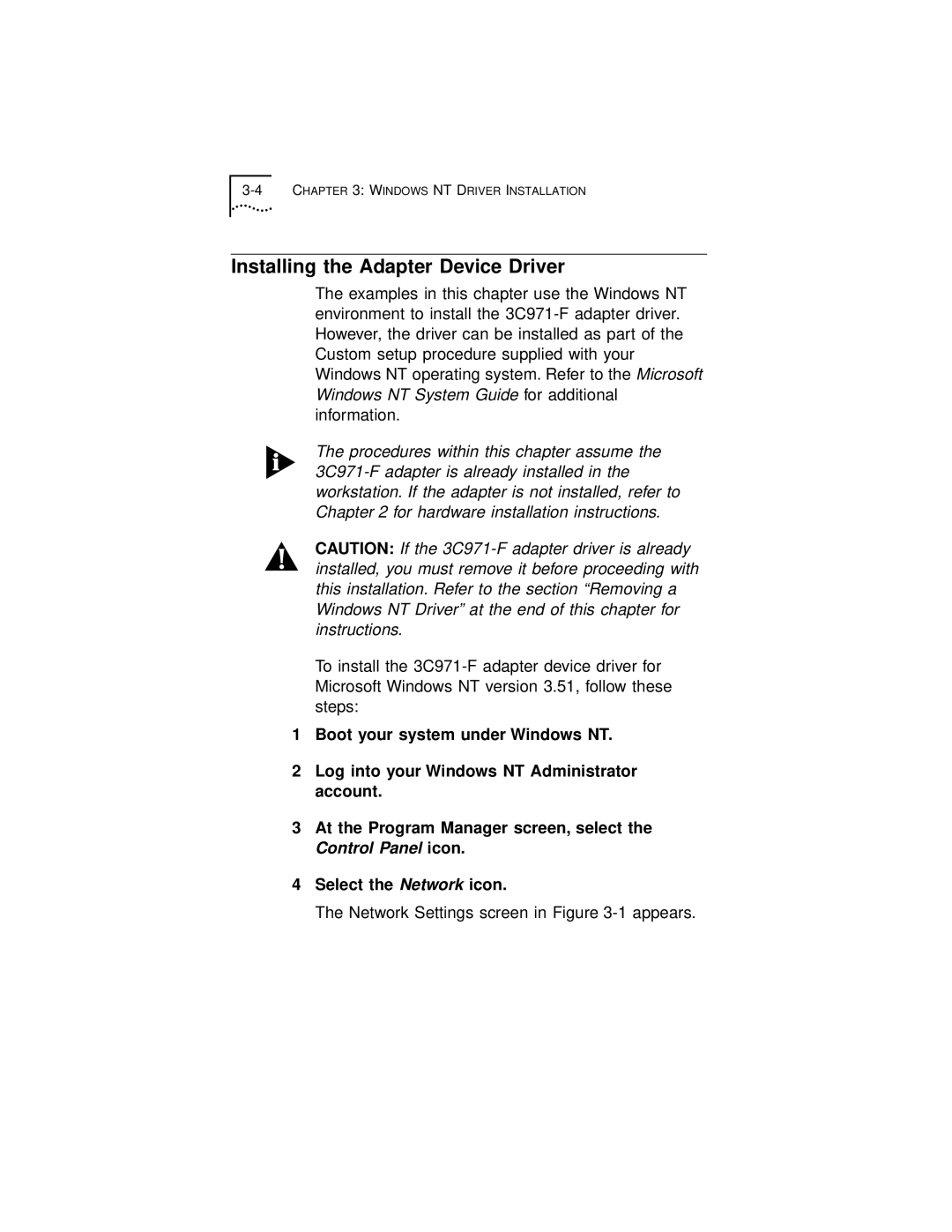 3Com 3C971-F manual Installing the Adapter Device Driver 