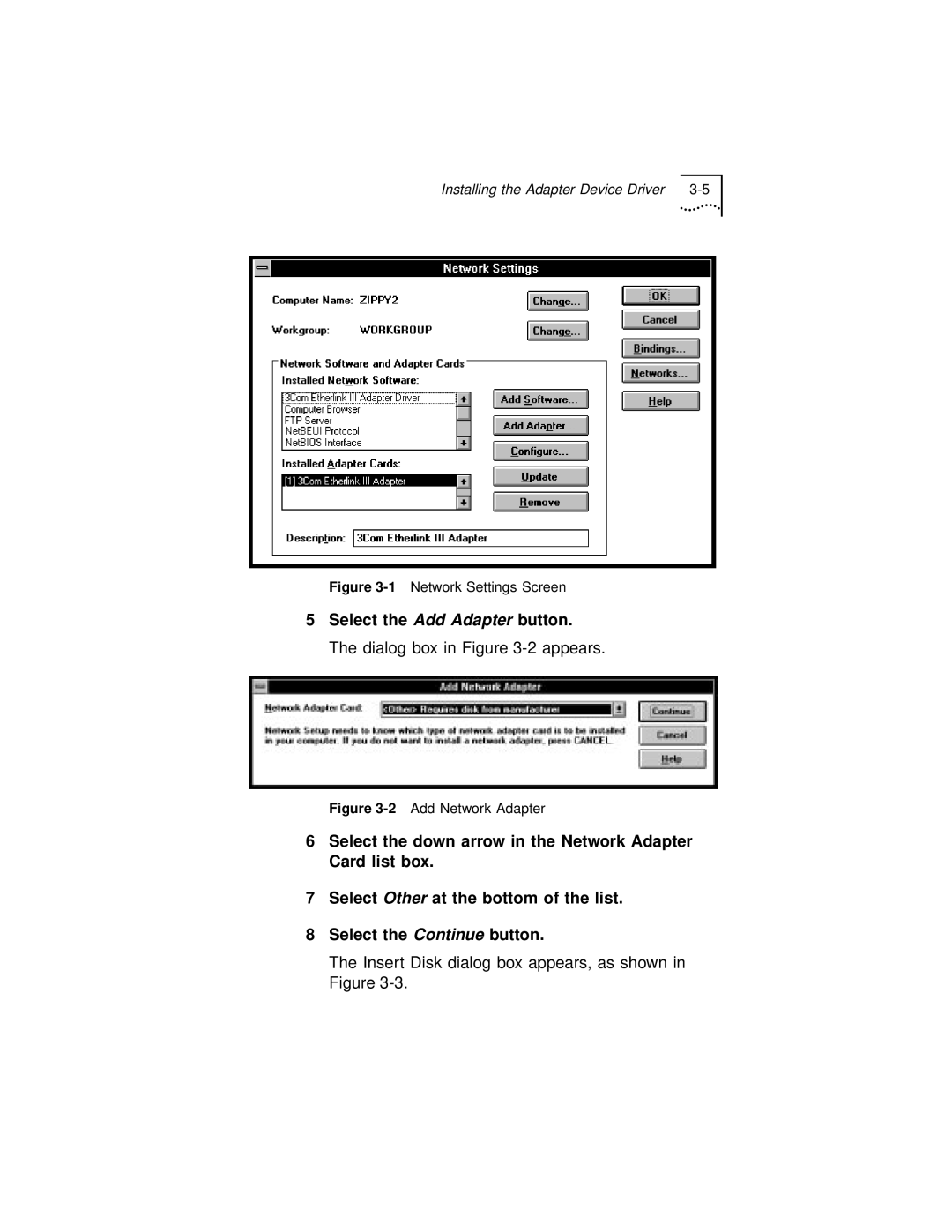 3Com 3C971-F manual Select the Add Adapter button. The dialog box in -2 appears, 1Network Settings Screen 