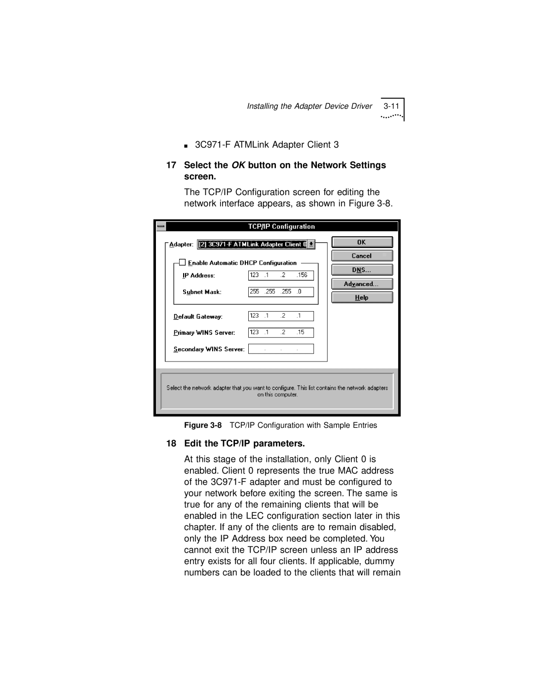 3Com 3C971-F manual Select the OK button on the Network Settings screen, Edit the TCP/IP parameters 