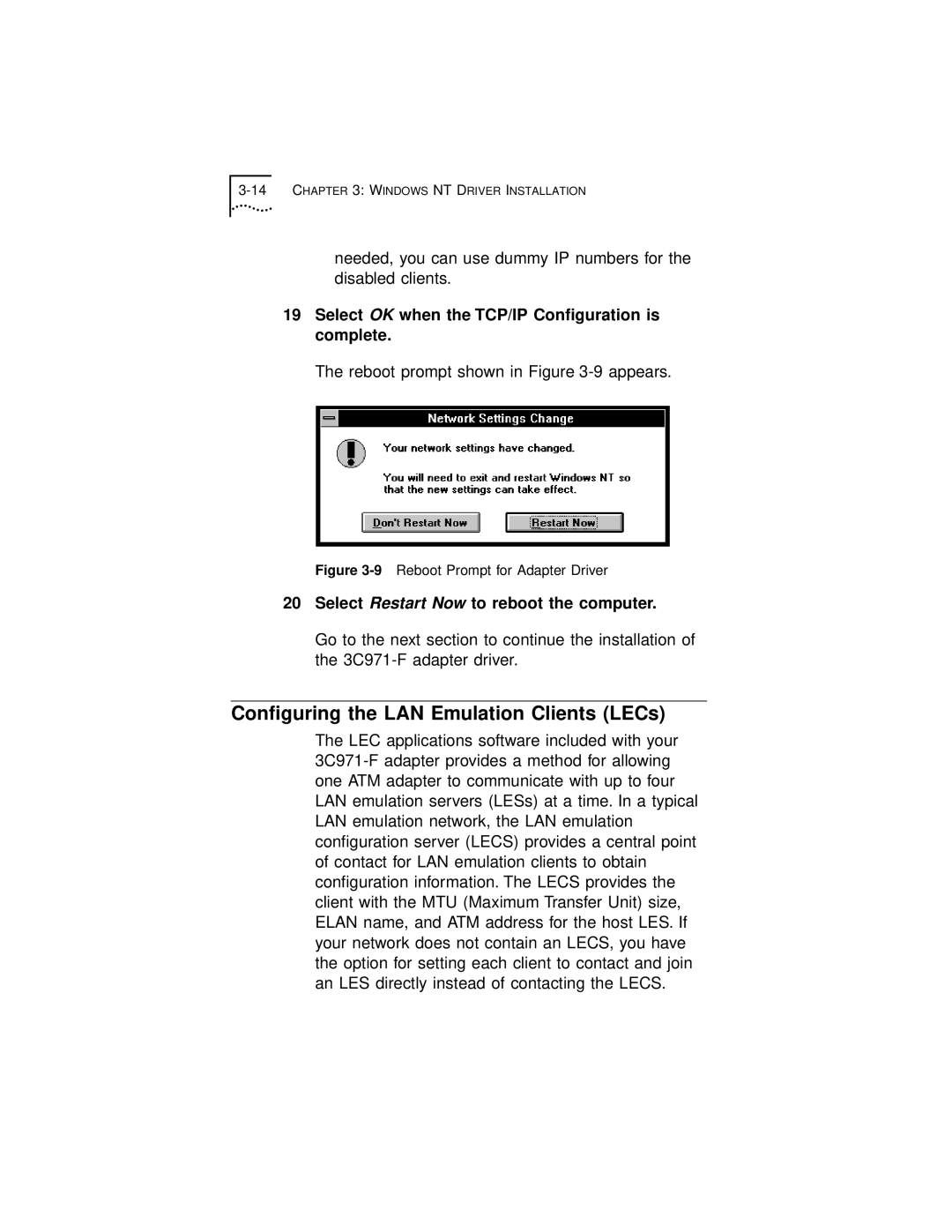 3Com 3C971-F manual Conﬁguring the LAN Emulation Clients LECs, Select OK when the TCP/IP Conﬁguration is complete 